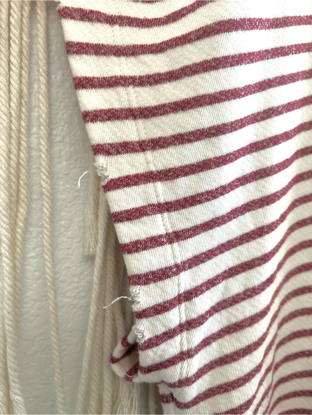 Sun Days BurgundyIvory Striped Hooded Poncho Top Distressed Trim Boho Oversized - Picture 4 of 12